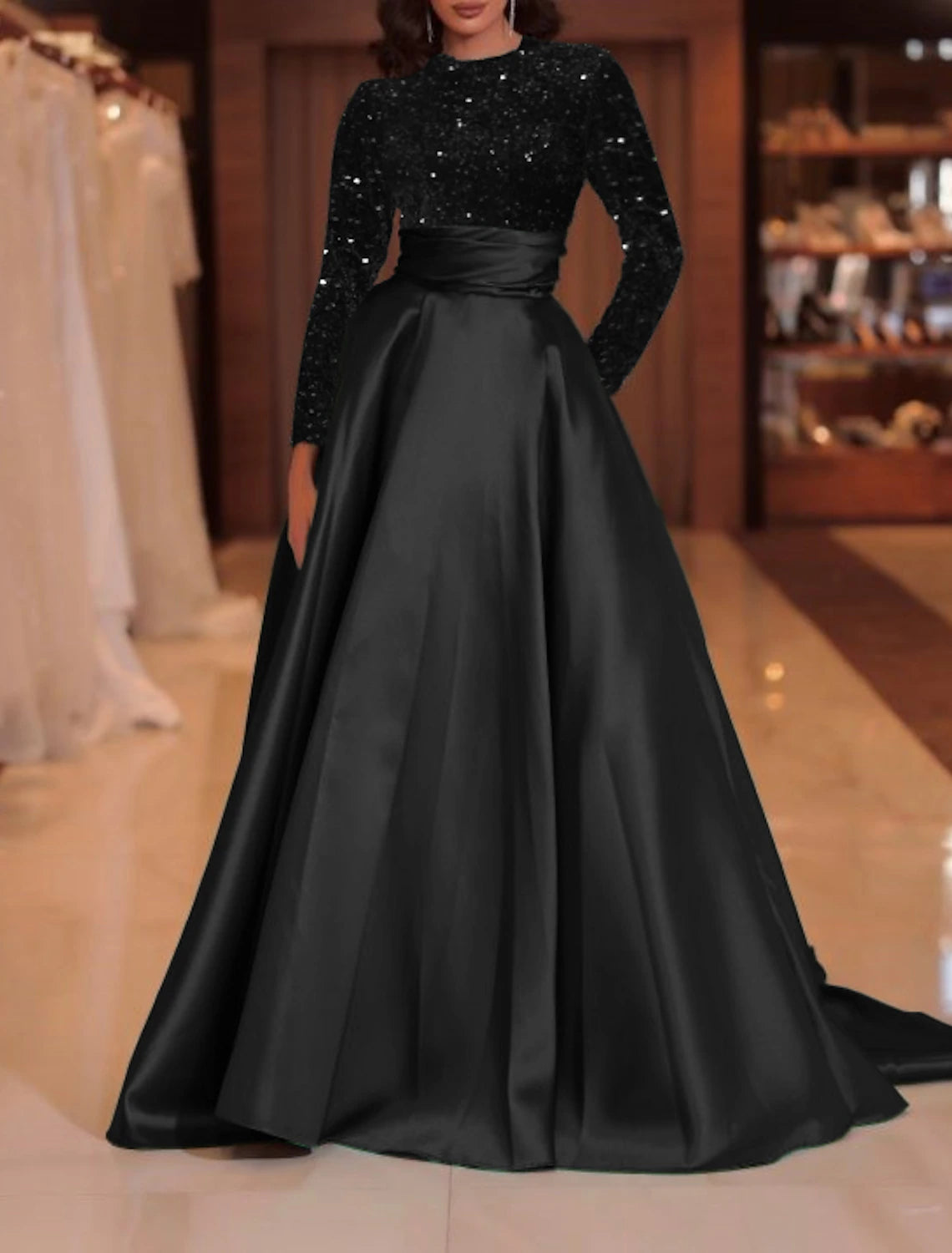A-Line Evening Gown Sparkle Christmas Red Green Dress Formal Cocktail Party Court Train Long Sleeve High Neck Fall Wedding Guest Satin with Sequin 2025
